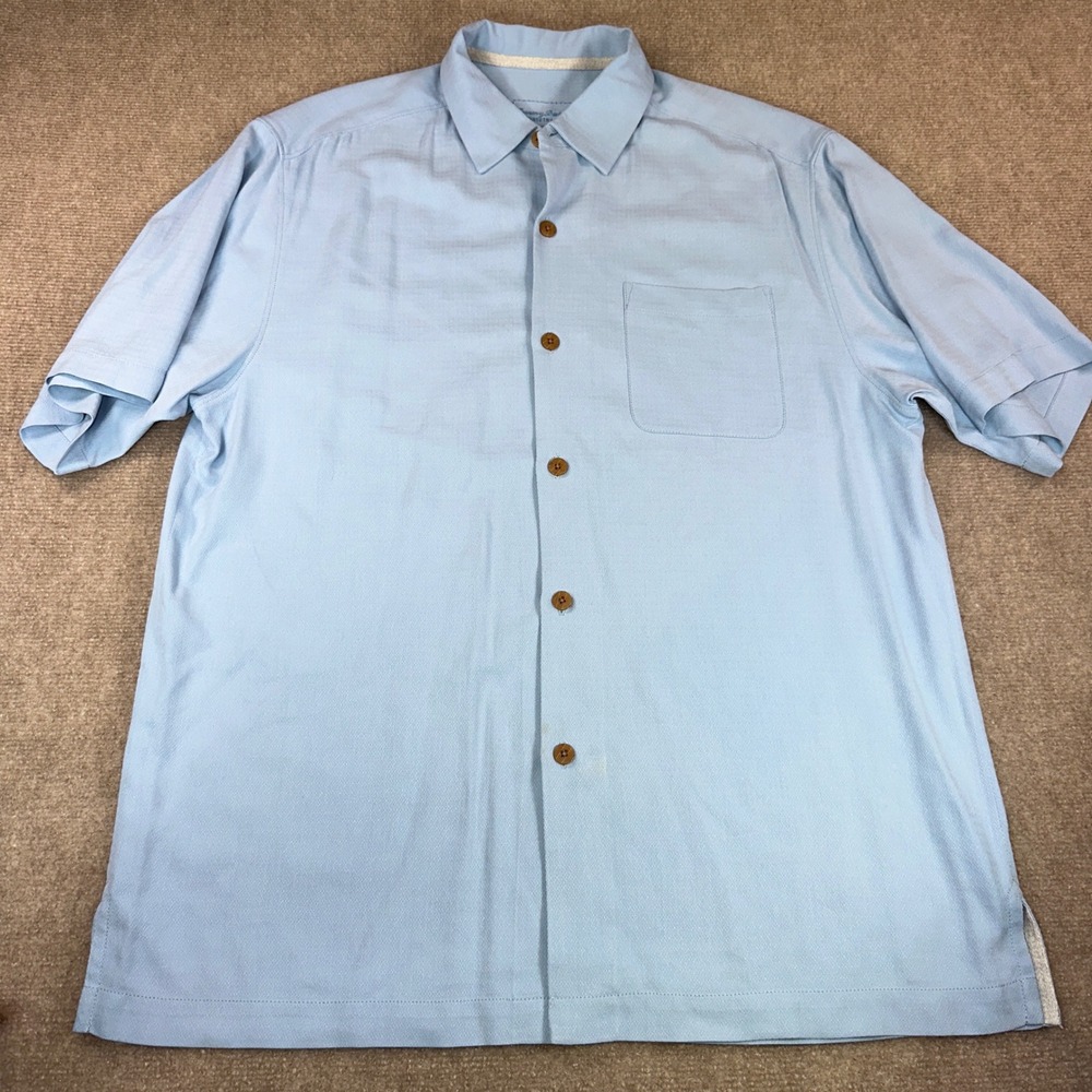 Tommy Bahama Mens Medium Blue 100% Silk Short Sleeve Button Down Camp Shirt M